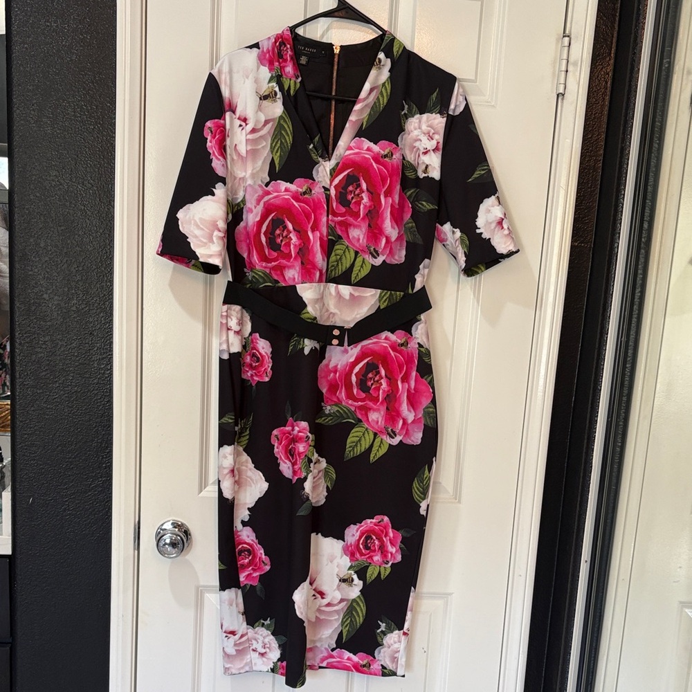 Ted Baker Black and Pink Floral Midi Dress sexy fitted elegant